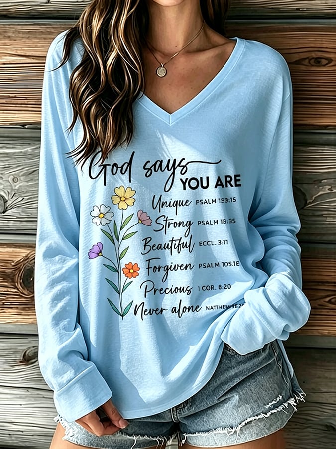 Women's  Retro Unique Strong Beautiful Forgiven Precious Never Alone  Faith Print Top