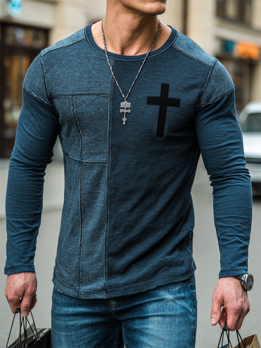 Men's Vintage Faith Patchwork Print Long-Sleeve T-Shirt