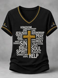 Women's Christian Jesus Print Casual V-Neck Tee