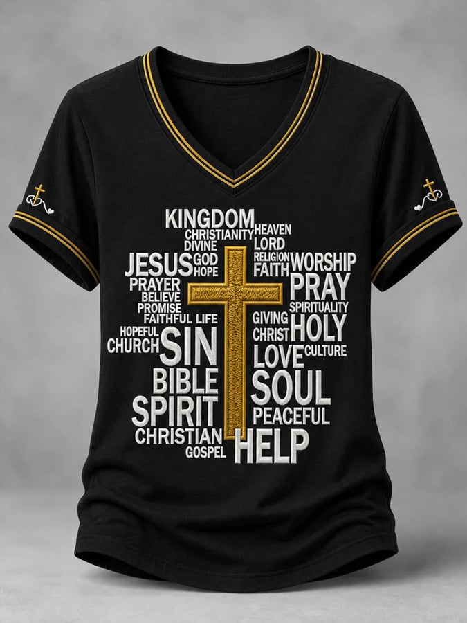 Women's Christian Jesus Print Casual V-Neck Tee