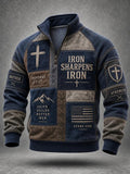 Men's Iron Sharpens Iron Christian Cross Faith Patchwork Print Casual Zipper Pullover