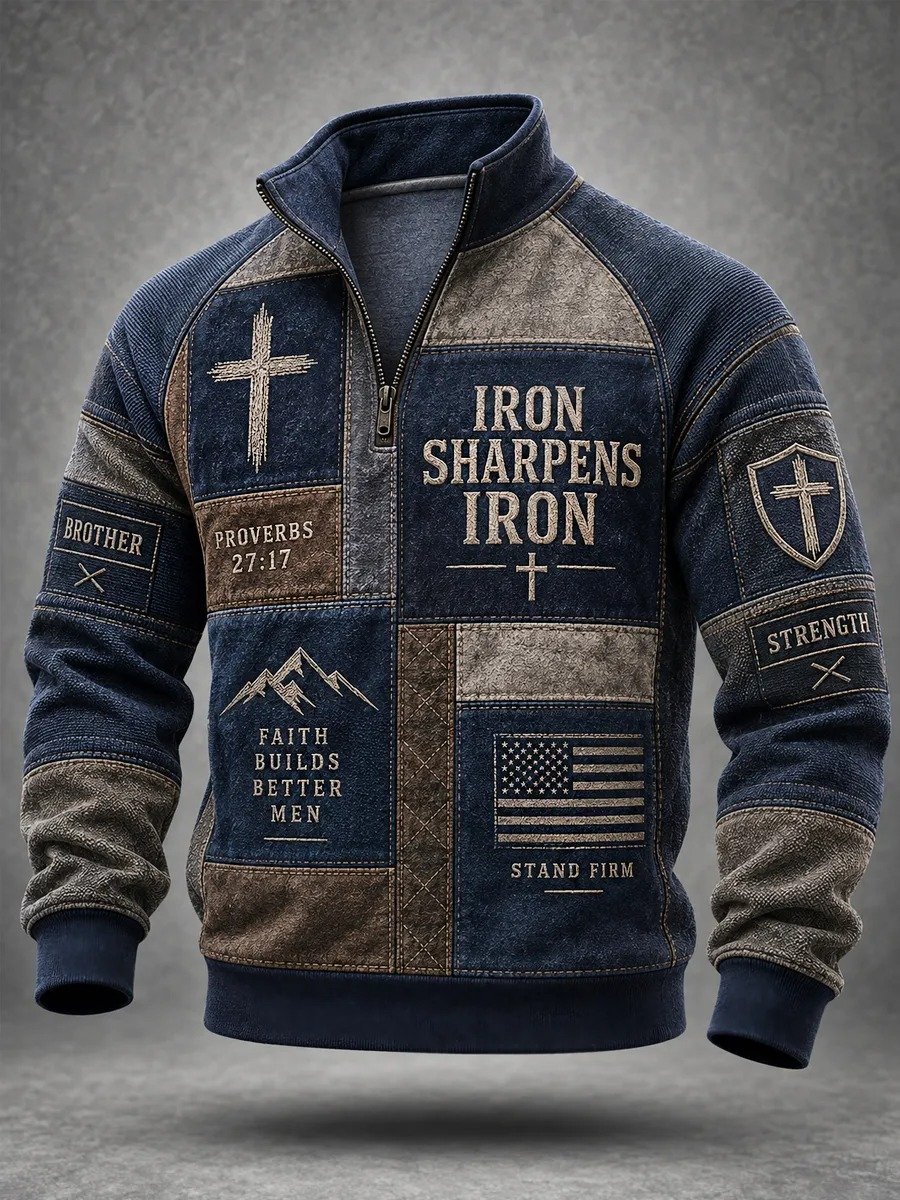 Men's Iron Sharpens Iron Christian Cross Faith Patchwork Print Casual Zipper Pullover