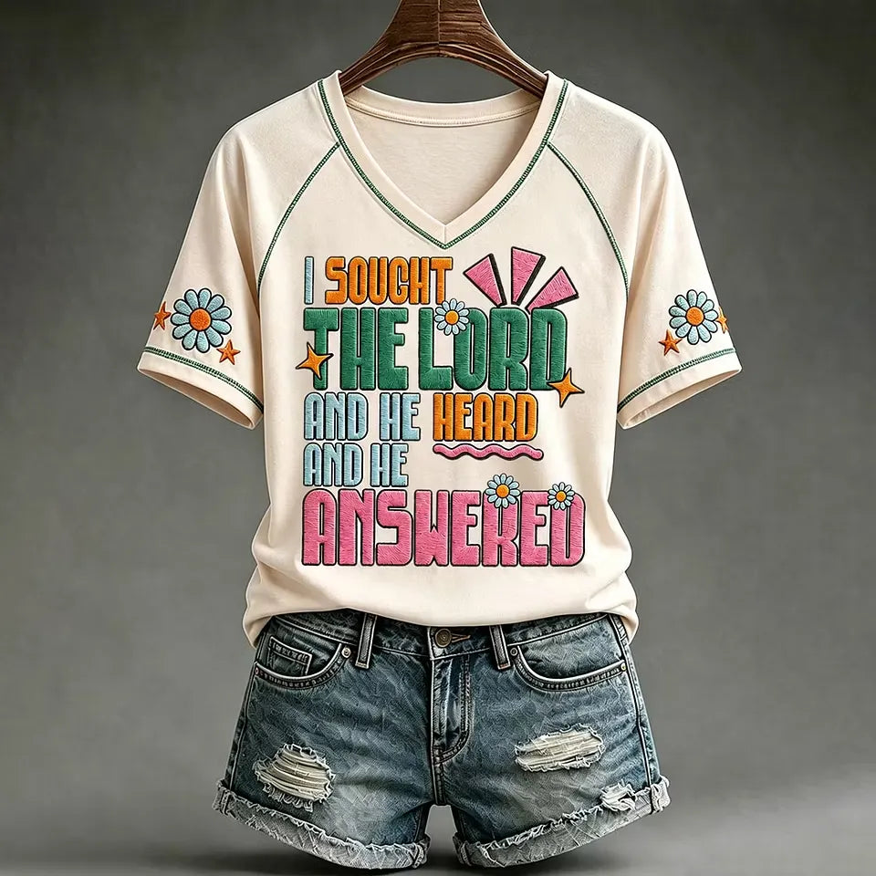 Women's "I sought the lord and he heard and he answered" V-neck T-shirts