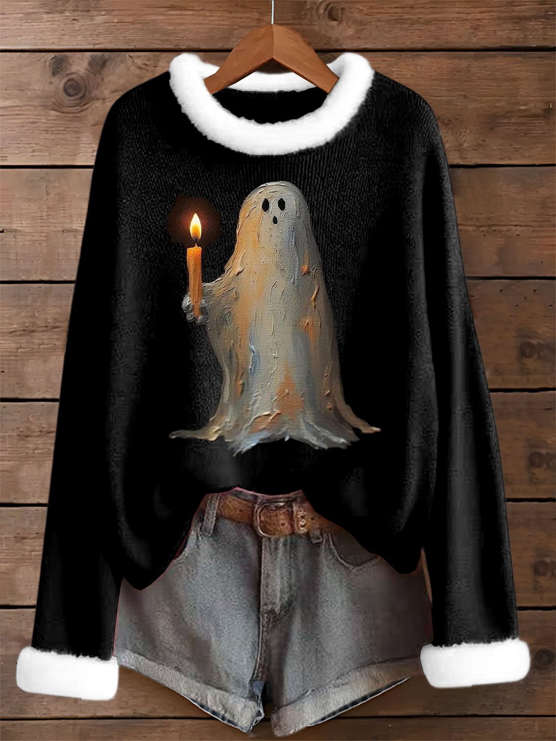 🔥HOT SALE🔥Women's Vintage Halloween Ghost Fur Collar Print Sweater