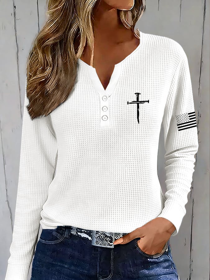 Women's Casual Faith Waffle Knit Button-Up Long-Sleeve T-Shirt