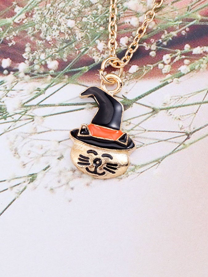 Halloween Pumpkin Hat Cat Head Necklace