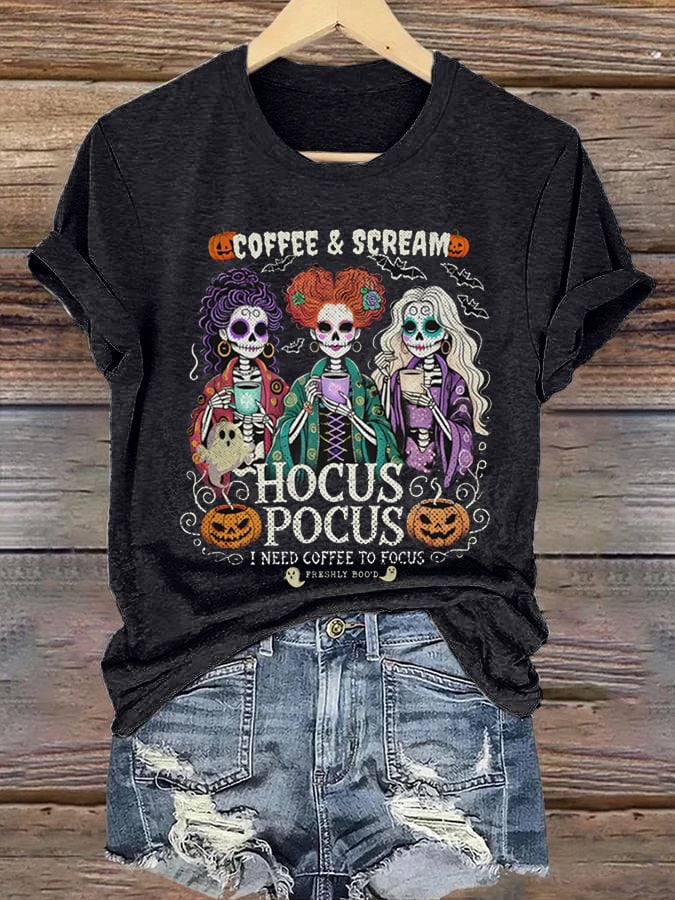 Women's Casual I Need Coffee to Focus Halloween Print Short Sleeve T-Shirt