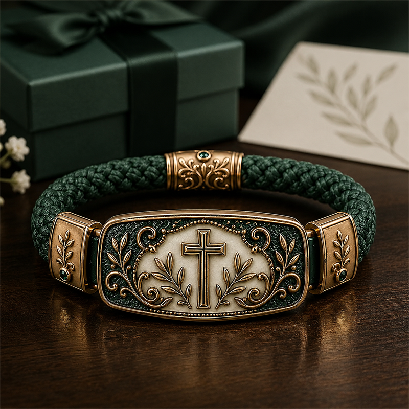 Emerald Inlay Retro Floral Cross Faith Scripture Bracelet