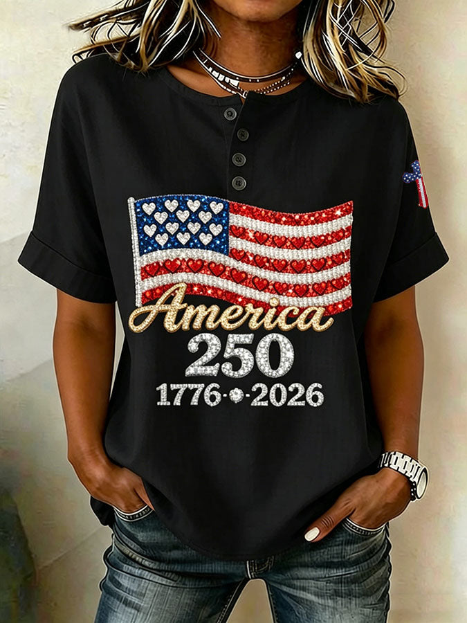 Women'S Casual America Flag Print Cotton Linen Button-Down Shirt