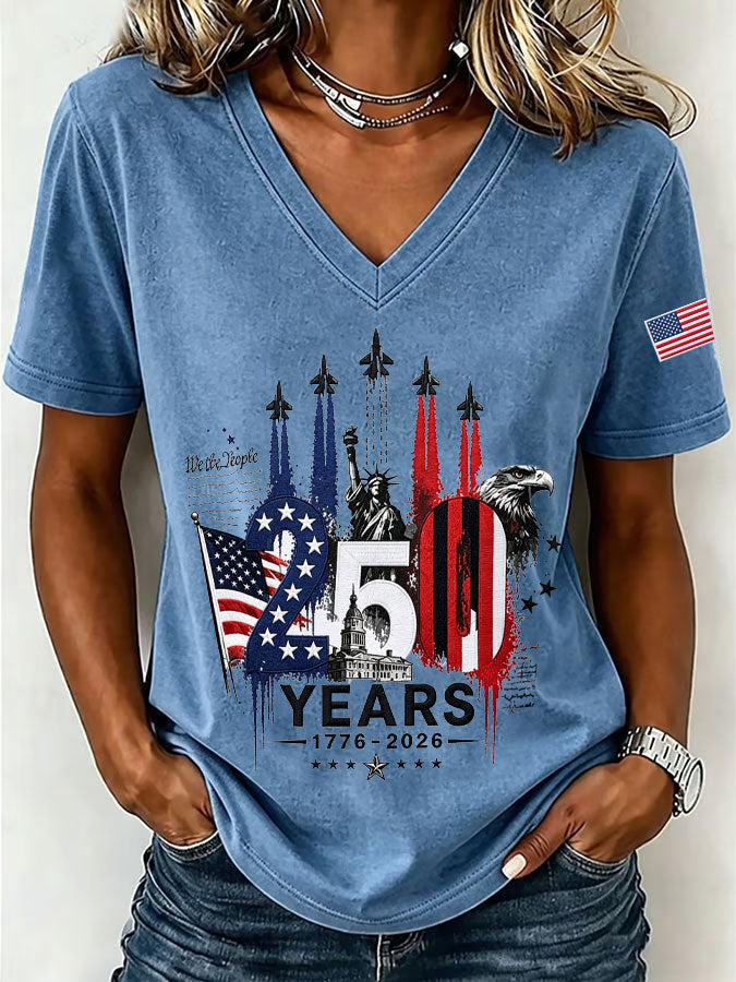 250Th Anniversary American Embroidery Commemorative V-Neck Short Sleeved T-Shirt