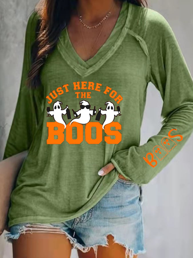 Women's Funny Halloween I’m Just Here for the Boos Printed V-Neck Long Sleeve Top
