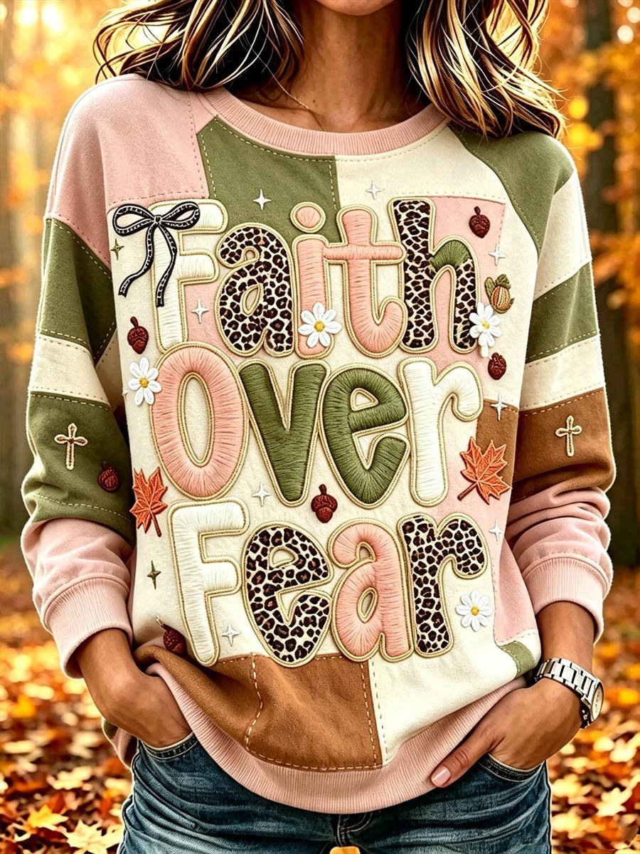 Women's Autumn Themed Faith Slogan Print Casual Top