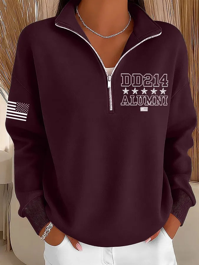 Women's Veterans Print Zip-Up Stand Collar Sweatshirt