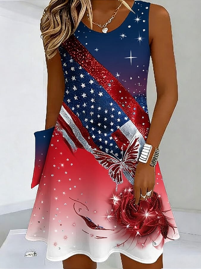 Women's Patriotic Art-Themed Floral & Butterfly   U.S. 250th Anniversary Edition Print Dress