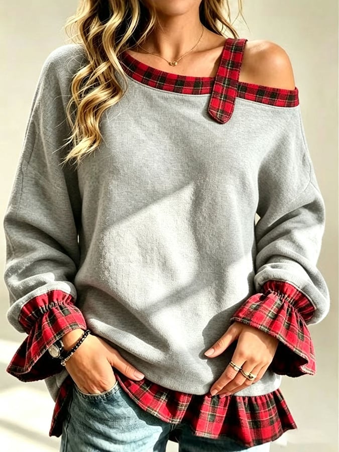 Women'S Asymmetric-Shoulder Plaid Color-Block Sweatshirt