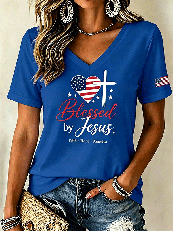 Women's Blessed By Jesus Faith Hope America Heart USA Flag Print T-Shirt