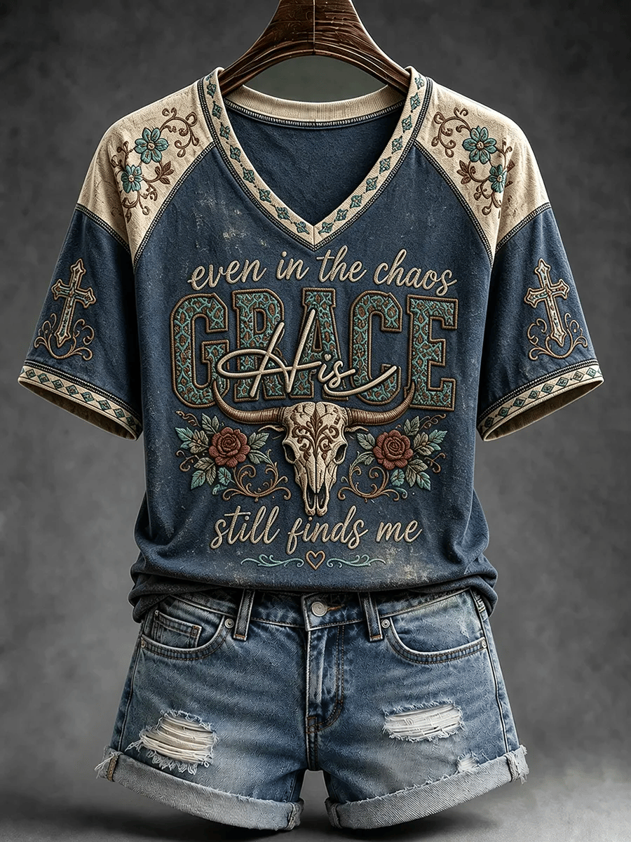 Women's Retro His Grace Still Finds Me Western Faith Printed Top