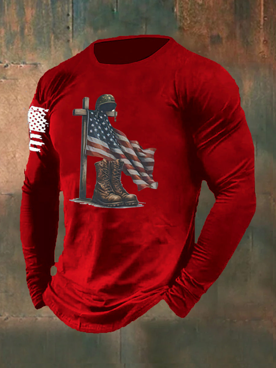 Men's Aintage Faith Veteran Flag Print Long Sleeve Cotton T-Shirt