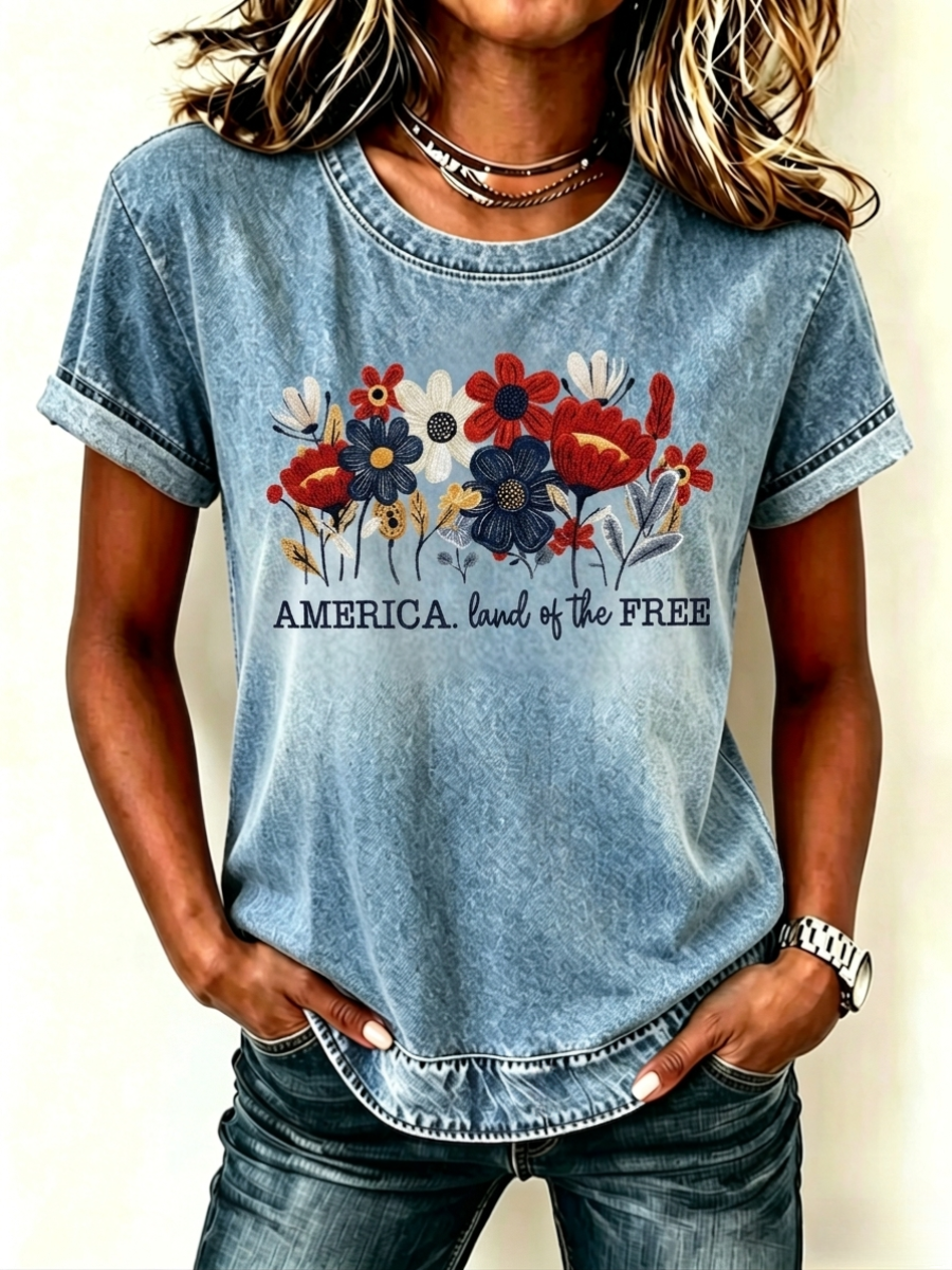 Women's 250 Years Of Freedom Flower Art Printed Round Neck Top