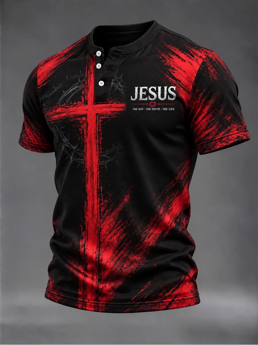 Men's Casual Printed Short-Sleeve Henley Shirt