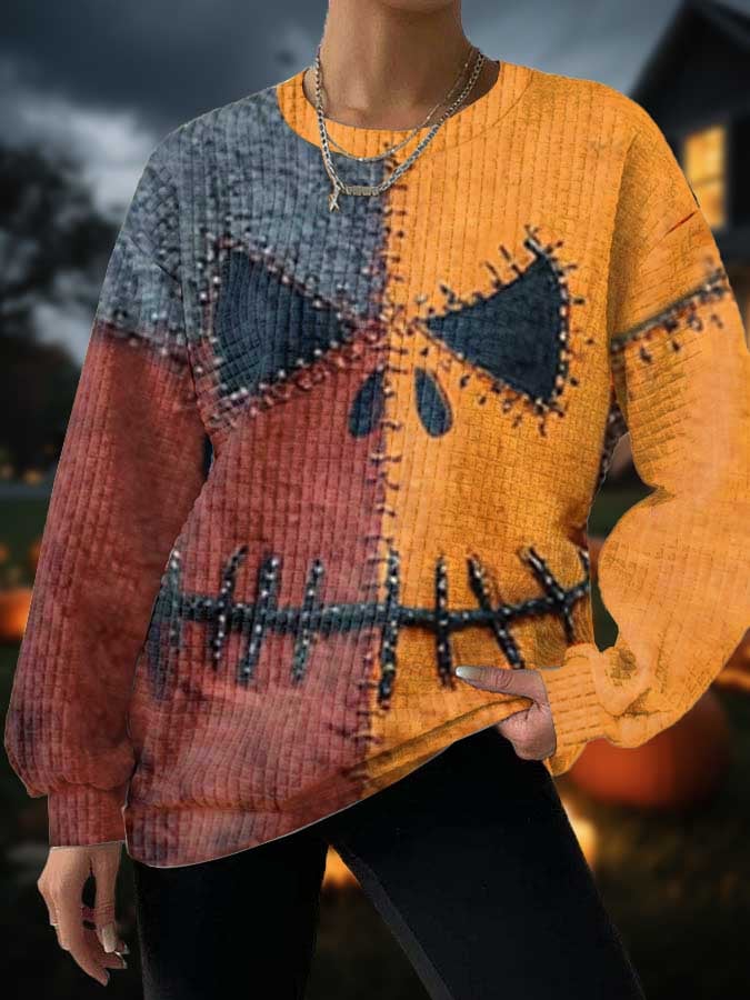 Women's Halloween Pumpkin Face Printed Crew Neck Sweatshirt