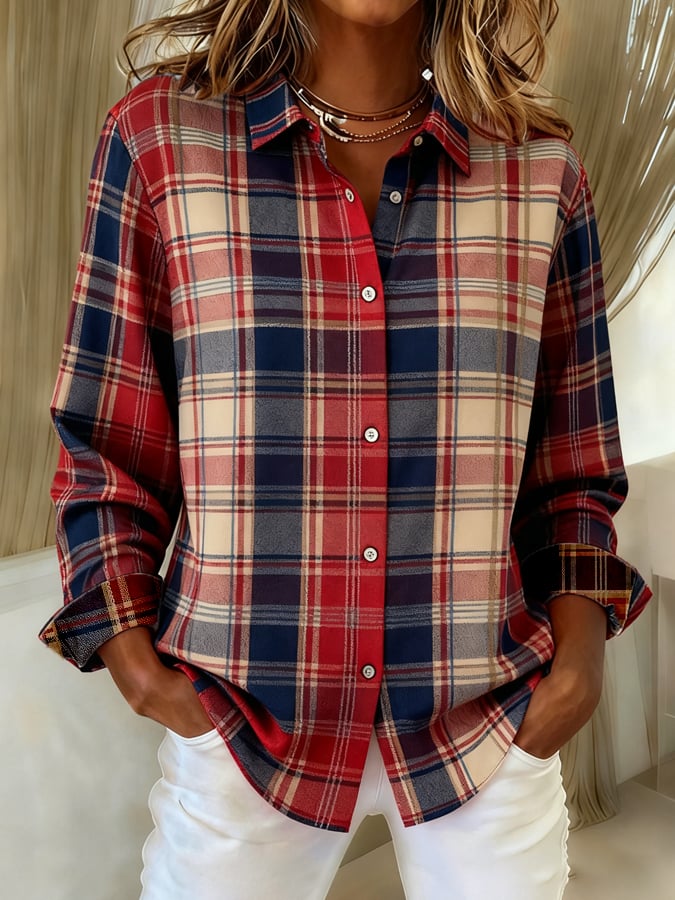 Women's Casual Autumn Plaid Print Lapel Long Sleeve Shirt