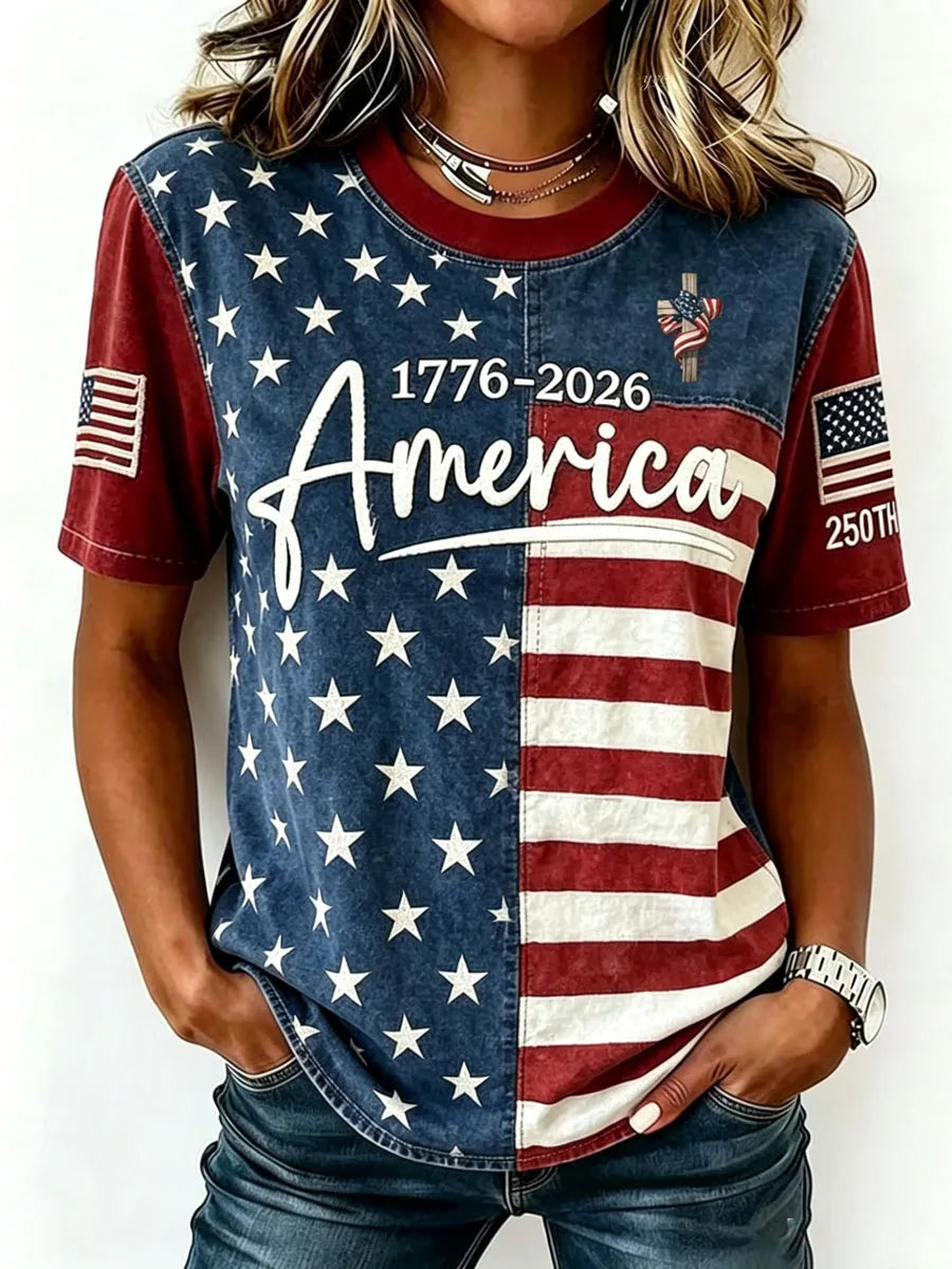 Ladies' Casual Round Neck American 250Th Anniversary Cross Print T-Shirt