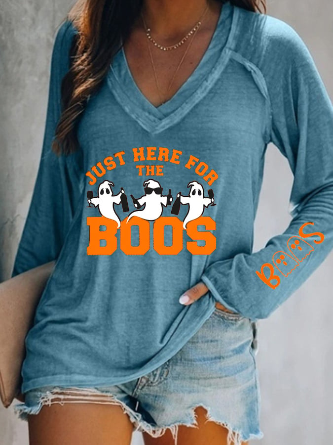Women's Funny Halloween I’m Just Here for the Boos Printed V-Neck Long Sleeve Top