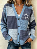 Ladies' Contrasting Color Casual Printed Knitted Cardigan Top