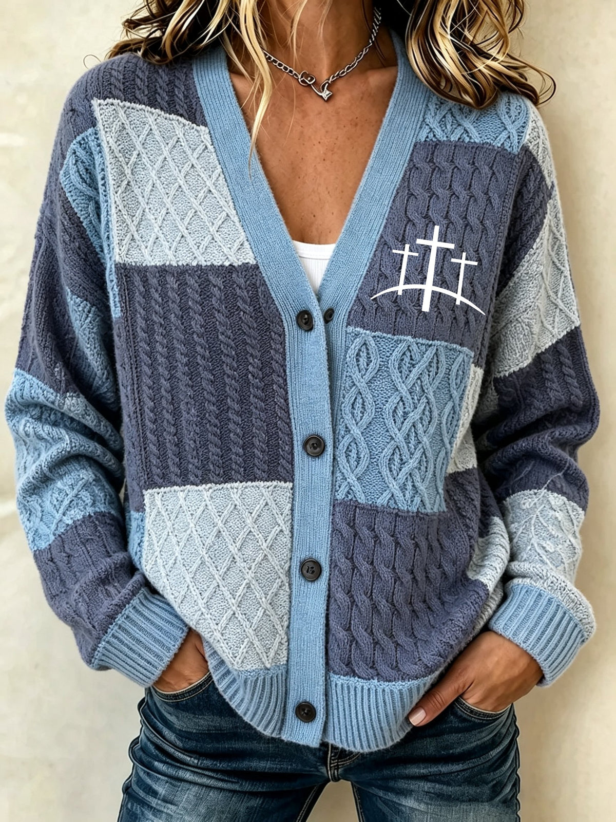 Ladies' Contrasting Color Casual Printed Knitted Cardigan Top