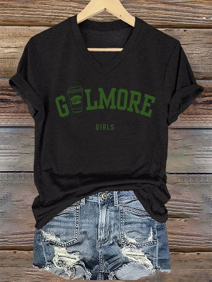 🔥HOT SALE🔥V-Neck Retro Fall Stars Hollow Luke’s Coffee Cup Girls Print T-Shirt