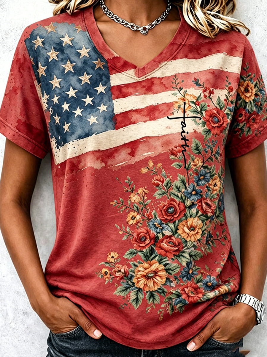 Women's Casual American 250th Anniversary Print V-Neck T-Shirt