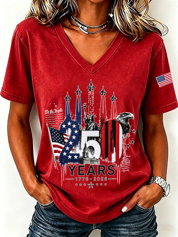 250Th Anniversary American Embroidery Commemorative V-Neck Short Sleeved T-Shirt