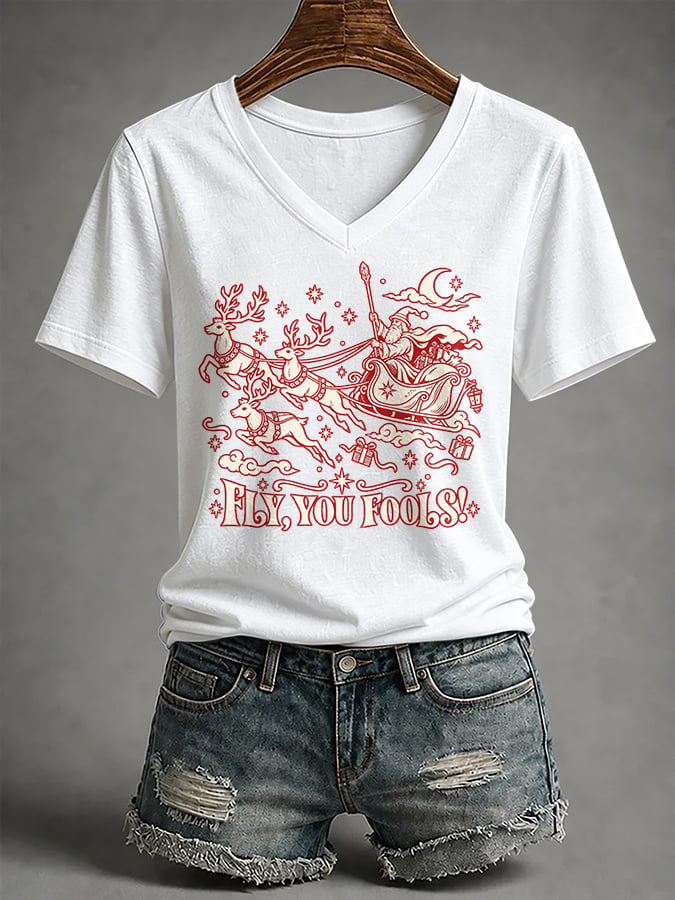 V-Neck Retro Funny Christmas Fly You Fools Reindeer Holiday Season Print T-Shirt