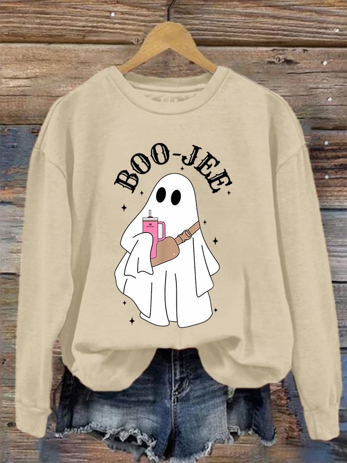 Women's Halloween Boo Jee Cute Ghost Print Casual Sweatshirt