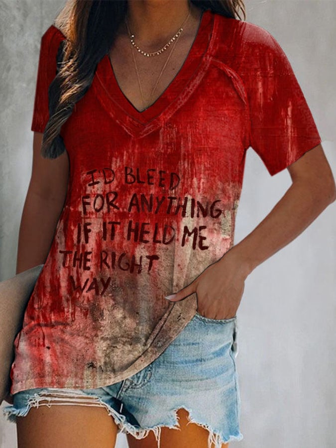Women's Casual Bloodstain Printed V-Neck Short Sleeve T-Shirt