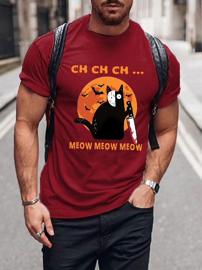 Men's Halloween Artistic Cat Print Short Sleeve T-shirt