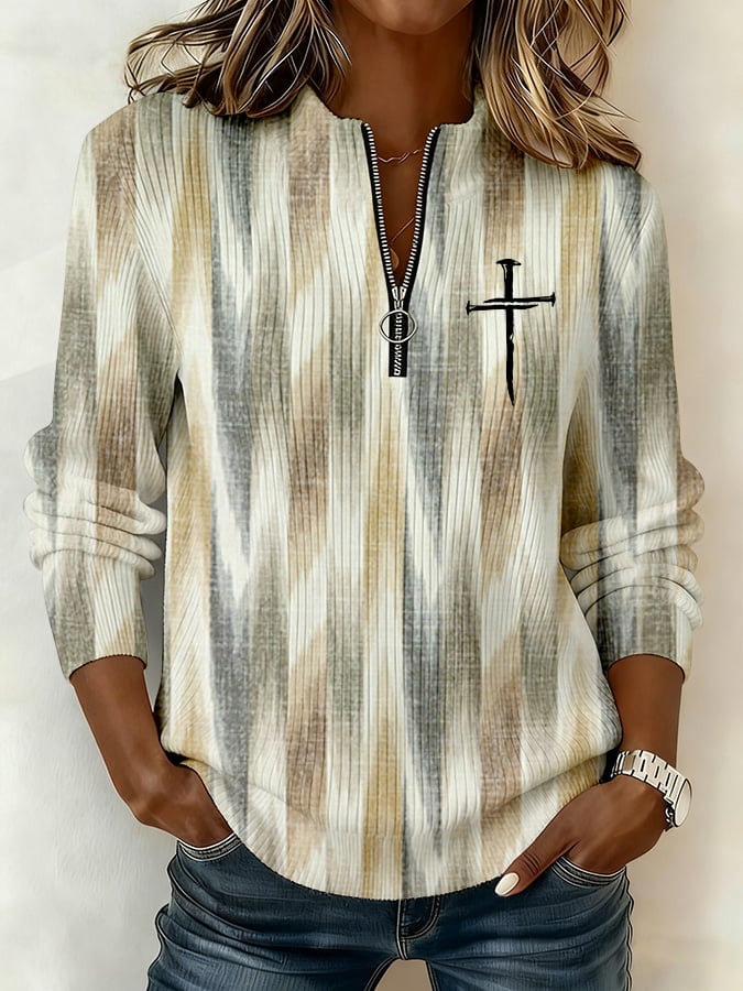 Women's Faith Collar Zipper Knit Long-Sleeved Top