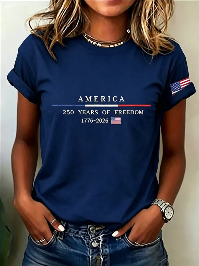 Embroidered Printed Round Neck Short Sleeved T-Shirt Commemorating The 250Th Anniversary Of The United States