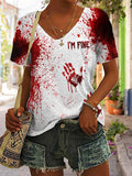 Women's Halloween Horror Bloodstained I'm Fine Print Casual V-Neck T-Shirt