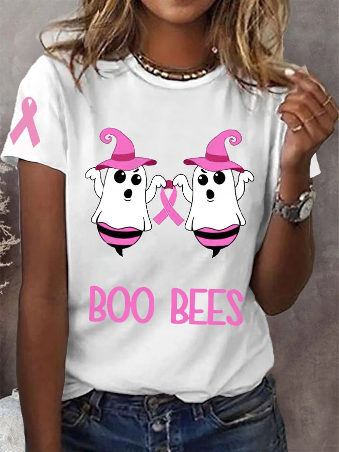 Women's Pink Halloween Ghost Save The Boo Bees Breast Cancer Awareness Warrior Tee
