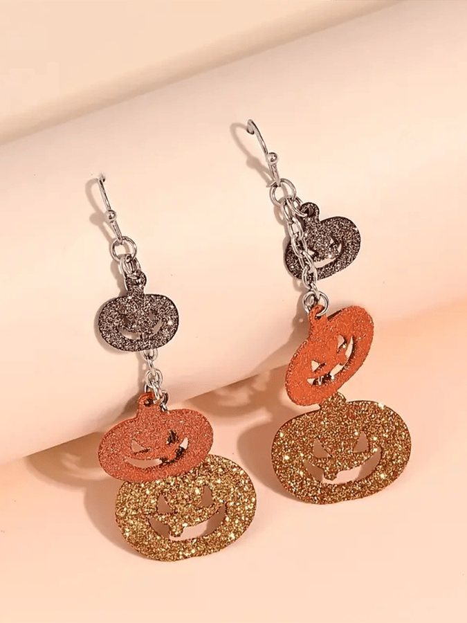 Halloween Cartoon Funny Glitter Pumpkin Chain Splicing Tassel Earrings