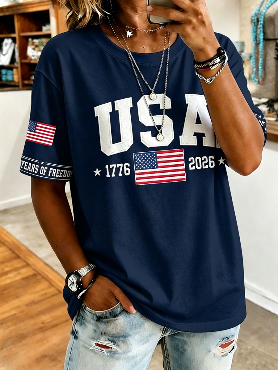 American Commemorative Embroidered Round Neck Top