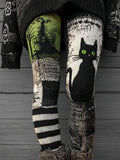 Women's Halloween Black Cat Witch Striped Print Leggings