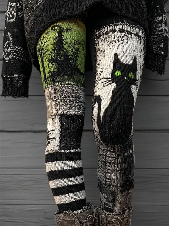 Women's Halloween Black Cat Witch Striped Print Leggings