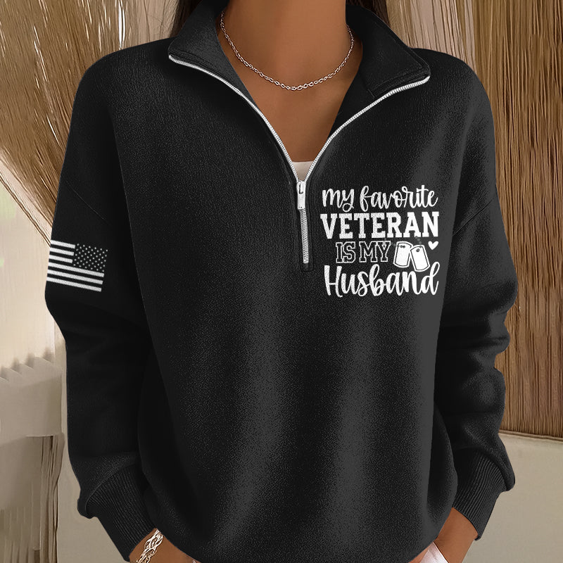 Women's My Favorite Veteran is My Husband Printed Casual Zip-Up Sweatshirt
