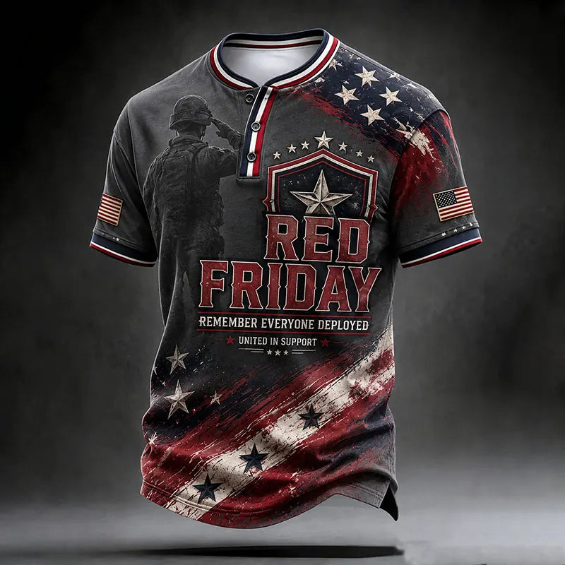 RED FRIDAY Remember Everyone Deployed Soldier Silhouette Vintage Flag Henley T-Shirt