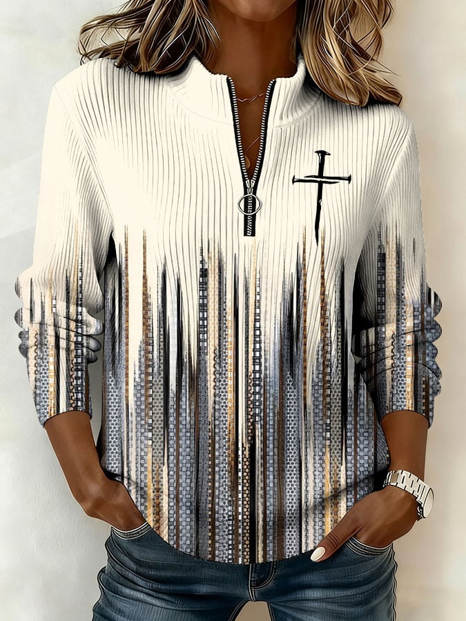 Women's Retro Faith Print Stand Collar Zipper Long Sleeve Top