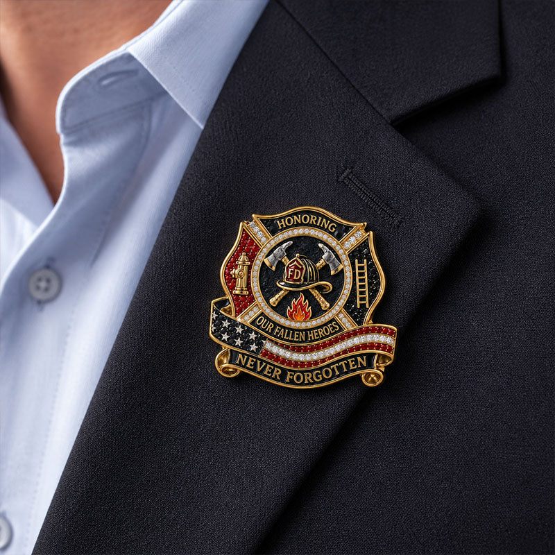 “Honoring Our Fallen Heroes – Never Forgotten” FDNY Firefighter Memorial Brooch Pin | Crossed Axes & Helmet Tribute Badge