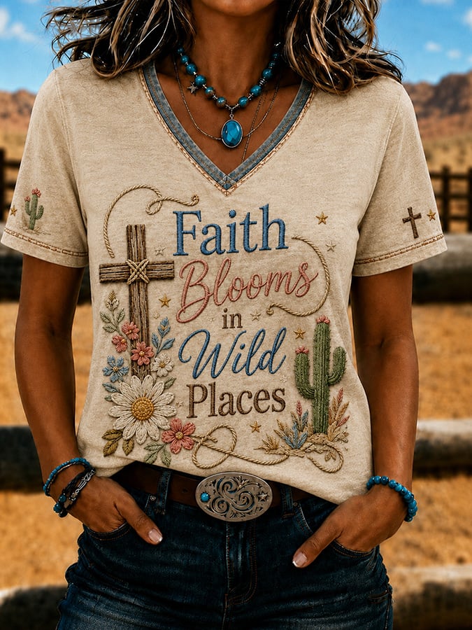 Women's Vintage Western Faith-Print Top